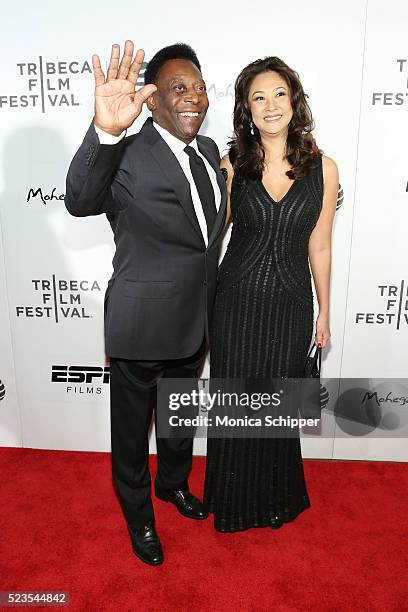 Former Brazilian footballer Pele and Marcia Aoki attend the "Pele: Birth of a Legend" Premiere during the 2016 Tribeca Film Festival at BMCC John...