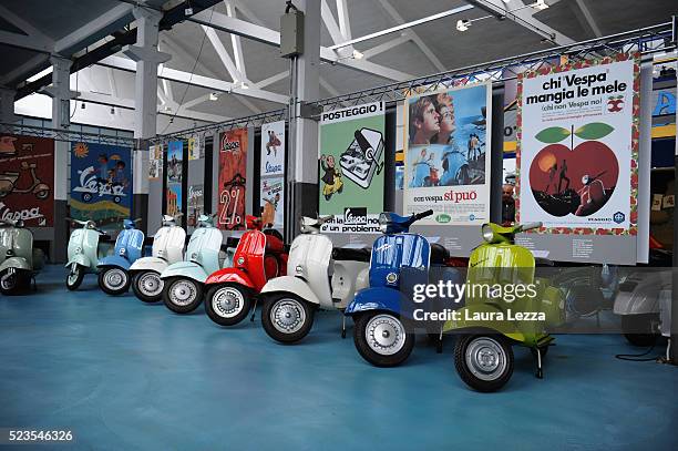 Some models of Vespa scooter are displayed at the exhibition for the celebration of 70 years of the scooter Vespa in the Piaggio museum on April 23,...