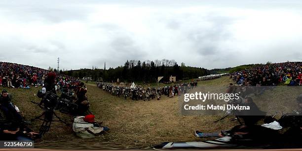 Medieval enthusiasts arrive for the largest medieval battle in the Czech Republic on April 23, 2016 in Libusin, Czech Republic. About 2000...