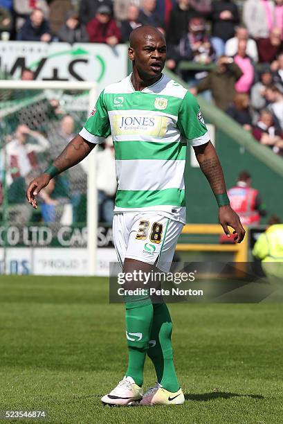 Leroy Lita of Yeovil Town in action during the Sky Bet League Two match between Yeovil Town and Northampton Town at Huish Park on April 23, 2016 in...