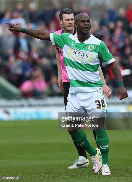 Leroy Lita of Yeovil Town in action during the Sky Bet League Two match between Yeovil Town and Northampton Town at Huish Park on April 23, 2016 in...