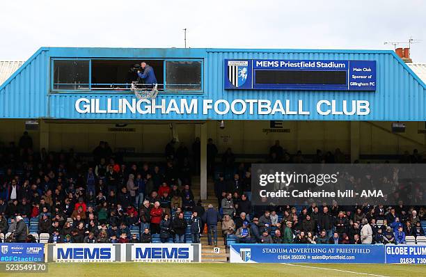 General view of the television gantry during the Sky Bet League One match between Gillingham and Shrewsbury Town at Priestfield Stadium on April 23,...