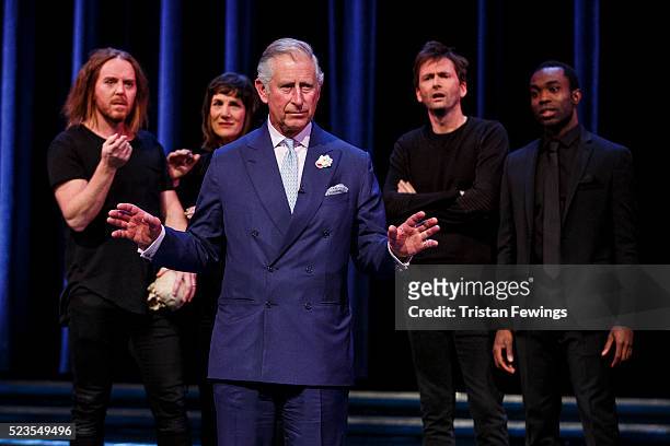 Prince Charles, Prince of Wales performs alongside Tim Minchin, Harriet Walter, David Tennant and Paapa Essiedu on stage as part of a special...