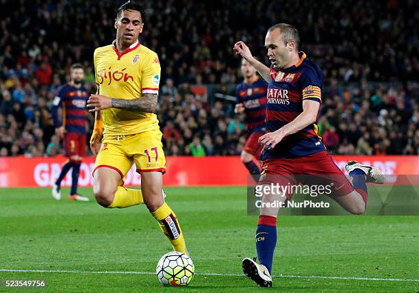 Andres Iniesta and Mascarell during the match between FC Barcelona and Sporting de Gijon, corresponding to the week 35 of the spanish league, plaed...