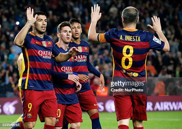 Leo Messi, Luis Suarez, Andres Iniesta and Neymar Jr. Celebration during the match between FC Barcelona and Sporting de Gijon, corresponding to the...