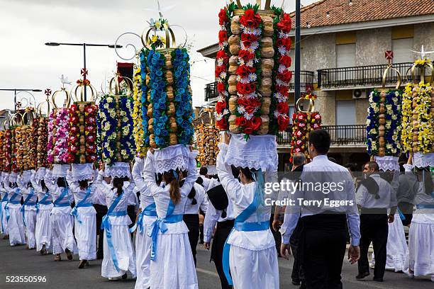 the tabuleiros which the girls carry in the procession are decorated with symbols of the holy spirit - tomar stock pictures, royalty-free photos & images