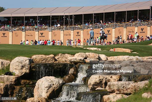 Charley Hoffman walks up the 18th hole during the third round of the Valero Texas Open at TPC San Antonio AT&T Oaks Course on April 23, 2016 in San...