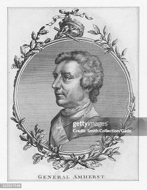 An etching from a portrait of Jeffery Amherst, a British soldier and politician, he achieved the rank of field marshal and was the first British...