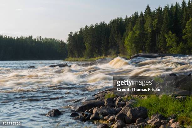 rushing rapids into lake - wildwasser fluss stock-fotos und bilder
