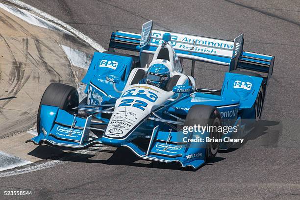 Simon Pagenaud, of France, drives the Chevrolet IndyCar on the track during practice for the Honda Indy Grand Prix of Alabama at Barber Motorsports...