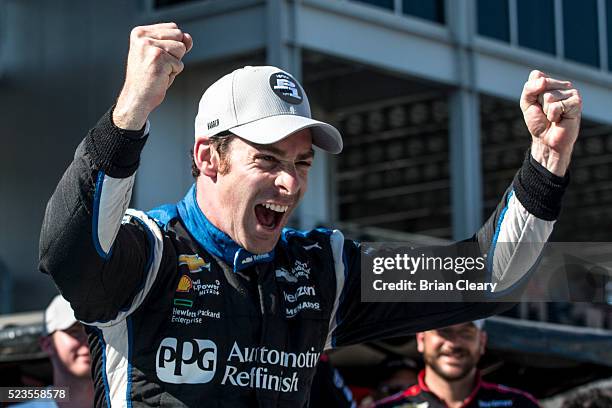 Simon Pagenaud, of France, celebrates after winning the pole position for the Honda Indy Grand Prix of Alabama at Barber Motorsports Park on April...