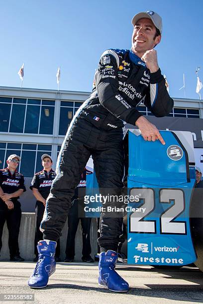 Simon Pagenaud, of France, celebrates after winning the pole position for the Honda Indy Grand Prix of Alabama at Barber Motorsports Park on April...