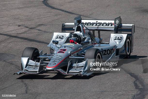 Juan Pablo Montoya, of Colombia, drives the Chevrolet IndyCar on the track during practice for the Honda Indy Grand Prix of Alabama at Barber...