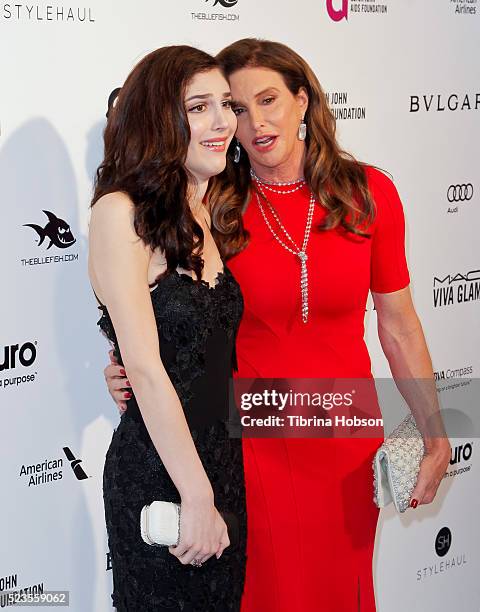 Ella Giselle and Caitlyn Jenner attend the 24th annual Elton John AIDS Foundation's Oscar Party on February 28, 2016 in West Hollywood, California.