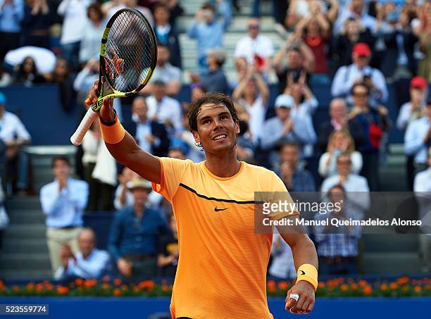 Rafael Nadal of Spain celebrates defeating Philipp Kohlschreiber of Germany during day six of the Barcelona Open Banc Sabadell at the Real Club de...