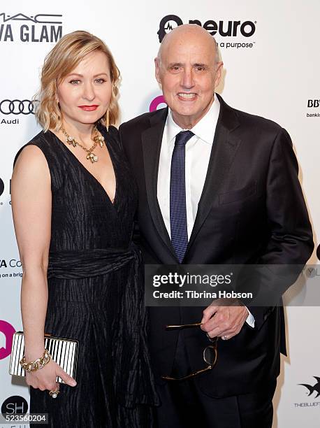 Kasia Ostlun and Jeffrey Tambor attend the 24th annual Elton John AIDS Foundation's Oscar Party on February 28, 2016 in West Hollywood, California.