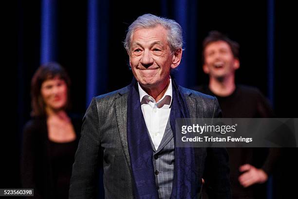 Harriet Walter, Sir Ian McKellen and David Tennant perform on stage as part of a special production of Shakespeare Live! from the RSC on April 23,...