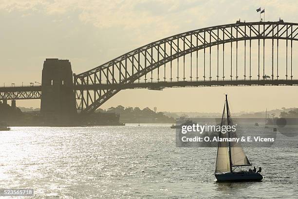 sydney harbour bridge with sailing yacht - botany bay stock pictures, royalty-free photos & images