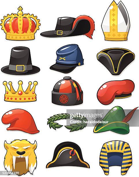 ilustraciones, imágenes clip art, dibujos animados e iconos de stock de historical_hats_set - representación de animal