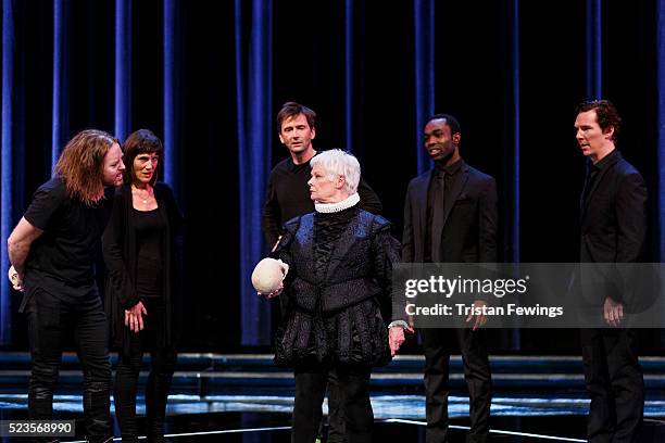 Tim Minchin, Harriet Walter, David Tennant, Dame Judi Dench, Paapa Essiedu and Benedict Cumberbatch perform on stage as part of a special production...