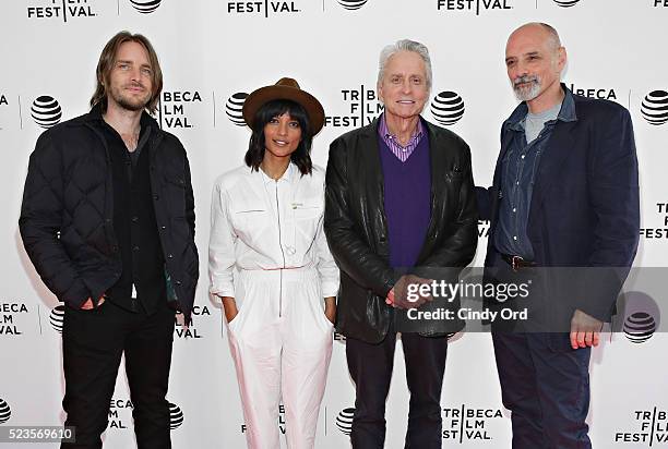 Kevin Ford, Smriti Keshari, Michael Douglas and Eric Schlosser attend Tribeca Talks: What We Talk About When We Talk About The Bomb during the 2016...