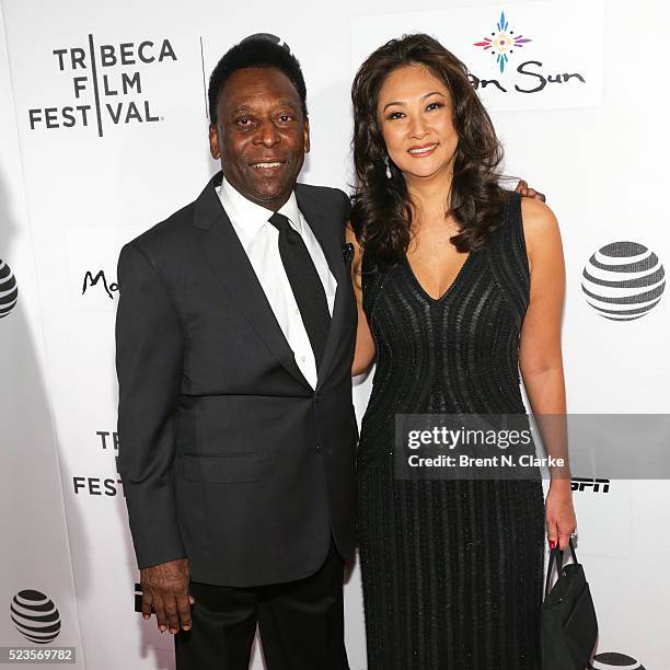 Retired soccer player Pele and wife Marcia Aoki attend the world premiere of "Pele: Birth of a Legend" during the 2016 Tribeca Film Festival held at...