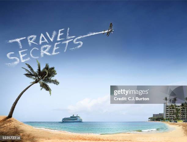 beach with palm trees and hotels - skywriting stock pictures, royalty-free photos & images