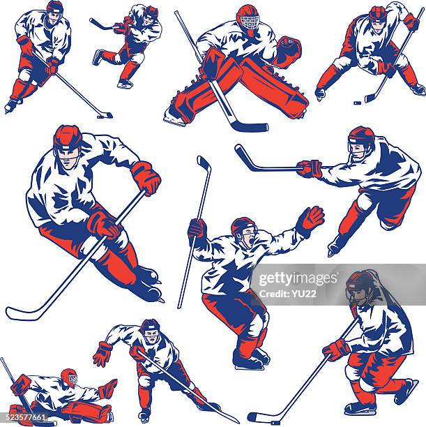 ice hockey player-set - goaltender ice hockey player stock-grafiken, -clipart, -cartoons und -symbole