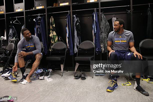 Hairston and Mike Conley of the Memphis Grizzlies get ready before the game against the San Antonio Spurs in Game Two of the Western Conference...