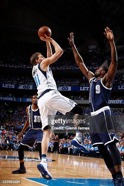 Dirk Nowitzki of the Dallas Mavericks shoots a jumper against the Oklahoma City Thunder in Game Four of the Western Conference Quarterfinals of the...