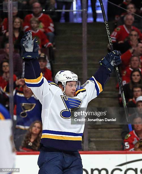 Vladimir Tarasenko of the St. Louis Blues celebrates his first period goal against the Chicago Blackhawks in Game Six of the Western Conference First...