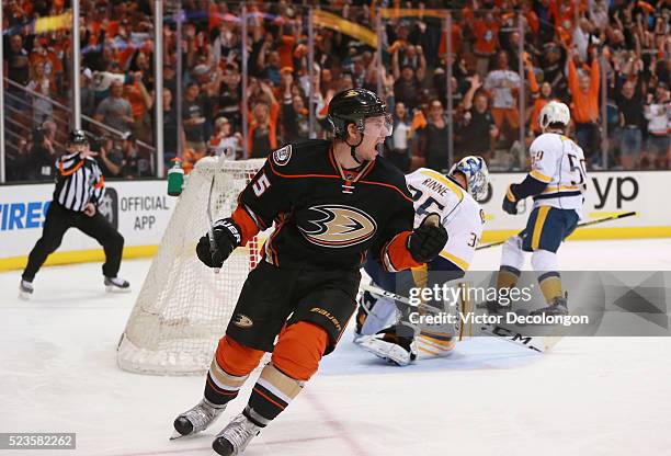 Sami Vatanen of the Anaheim Ducks reacts after scoring on a breakaway against goaltender Pekka Rinne of the Nashville Predators in the third period...