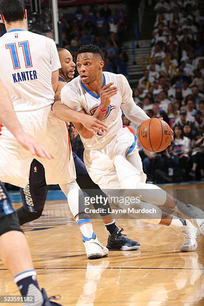 Russell Westbrook of the Oklahoma City Thunder drives to the basket during the game against the Dallas Mavericks in Game One of the Western...