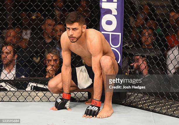 Yair Rodriguez of Mexico enters the Octagon before facing Andre Fili in their featherweight bout during the UFC 197 event inside MGM Grand Garden...