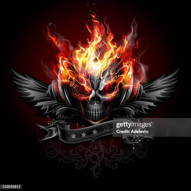 stockillustraties, clipart, cartoons en iconen met fiery skull emblem - metal music