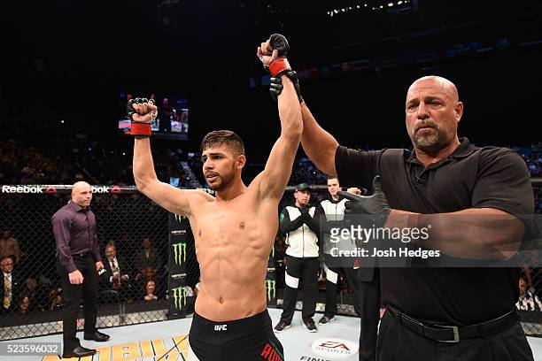 Yair Rodriguez of Mexico celebrates his knockout victory over Andre Fili after their featherweight bout during the UFC 197 event inside MGM Grand...