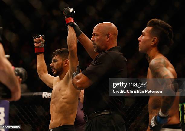 Yair Rodriguez of Mexico celebrates his knockout victory over Andre Fili after their featherweight bout during the UFC 197 event inside MGM Grand...