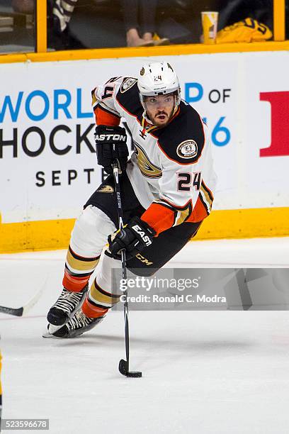 Simon Despres of the Anaheim Ducks skates with the puck against the Nashville Predators during a NHL game at Bridgestone Arena on April 19, 2016 in...