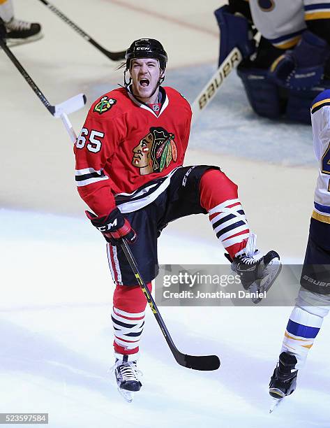 Andrew Shaw of the Chicago Blackhawks celebrates his third period goal against the St. Louis Blues in Game Six of the Western Conference First Round...