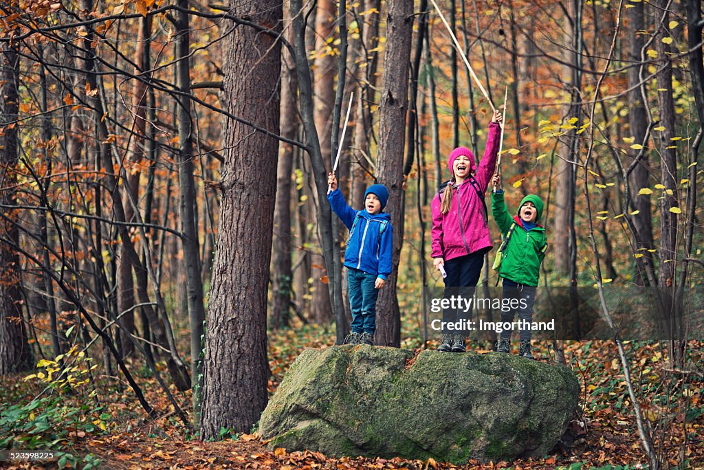 Little Wanderer spielen knights im Herbst-Wald.