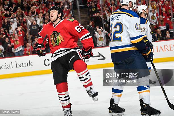Andrew Shaw of the Chicago Blackhawks reacts after scoring against the St. Louis Blues in the third period of Game Six of the Western Conference...