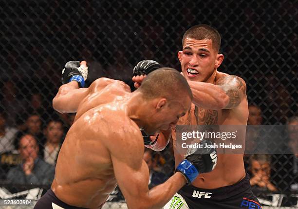 Anthony Pettis punches Edson Barboza in their lightweight bout during the UFC 197 event inside MGM Grand Garden Arena on April 23, 2016 in Las Vegas,...