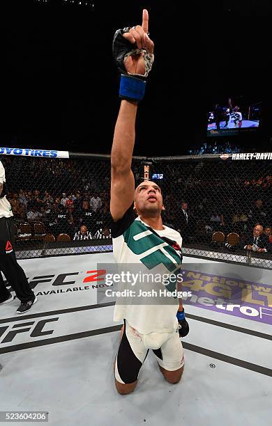 Edson Barboza celebrates his victory over Anthony Pettis in their lightweight bout during the UFC 197 event inside MGM Grand Garden Arena on April...