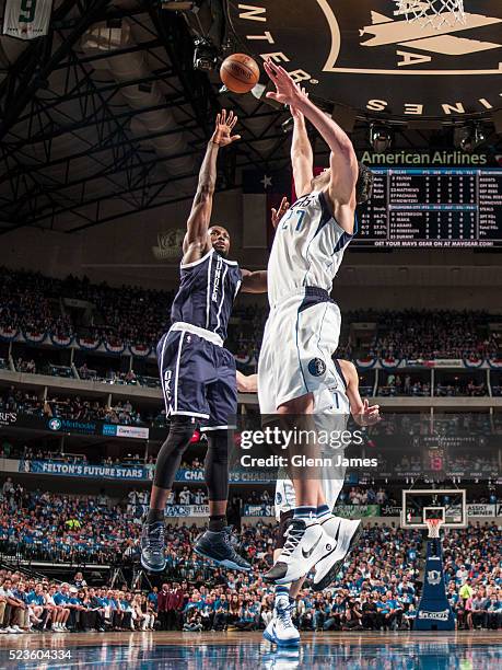 Serge Ibaka of the Oklahoma City Thunder puts up the floater against the Dallas Mavericks in Game Four of the Western Conference Quarterfinals of the...