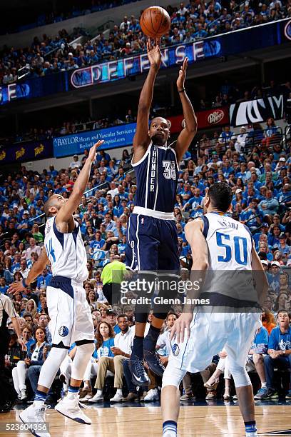 Kevin Durant of the Oklahoma City Thunder shoots a jumper against the Dallas Mavericks in Game Four of the Western Conference Quarterfinals of the...