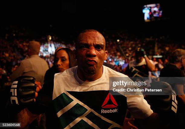 Edson Barboza exits the Octagon after his victory over Anthony Pettis in their lightweight bout during the UFC 197 event inside MGM Grand Garden...