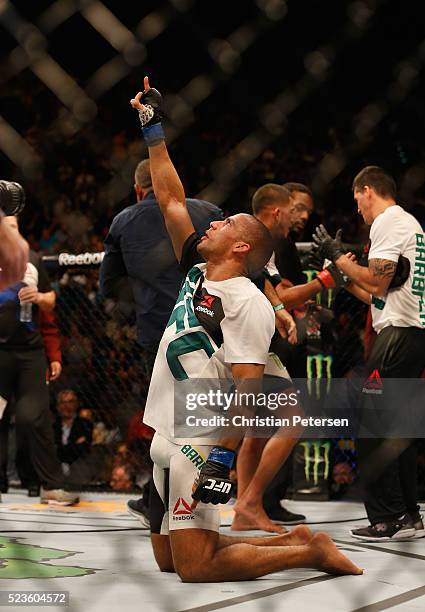 Edson Barboza celebrates his victory over Anthony Pettis in their lightweight bout during the UFC 197 event inside MGM Grand Garden Arena on April...