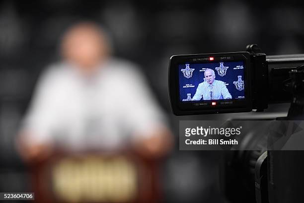 Joel Quenneville head coach of the Chicago Blackhawks addresses the media after defeating the St. Louis Blues 6 to 3 in Game Six of the Western...