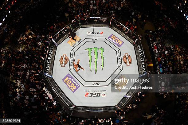 An overhead view as Demetrious Johnson celebrates his victory over Henry Cejudo in their flyweight championship bout during the UFC 197 event inside...