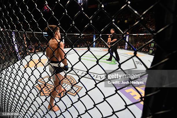 Henry Cejudo and Demetrious Johnson face off before their flyweight championship bout during the UFC 197 event inside MGM Grand Garden Arena on April...